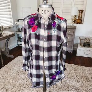 Johnny Was, 3 J Workshop, plaid button up flannel with floral embroidery. M/L